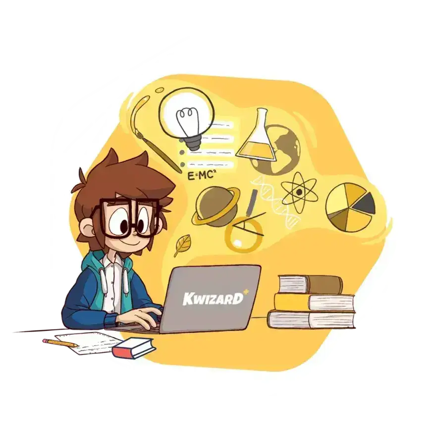 Kwizard maskota okružena knjigama i edukativnim simbolima